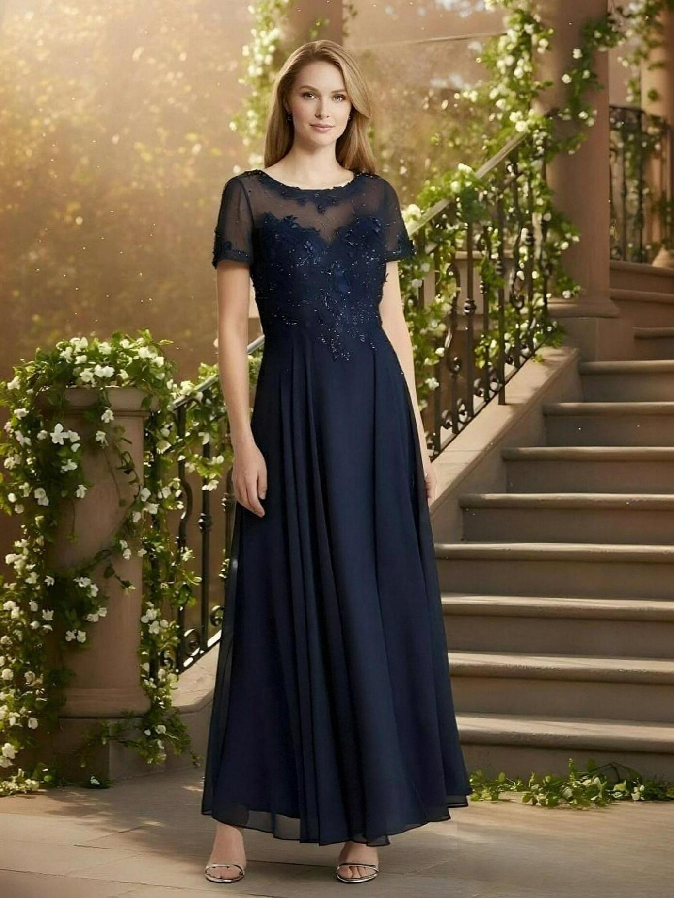 A Line Scoop Neck Chiffon Applique Mother of the Bride Dresses
