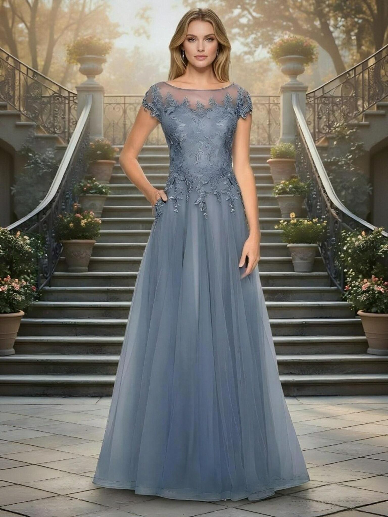 A Line Scoop Neck Tulle Applique Mother of the Bride Dresses