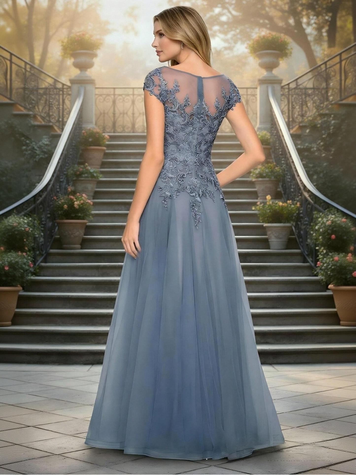 A Line Scoop Neck Tulle Applique Mother of the Bride Dresses