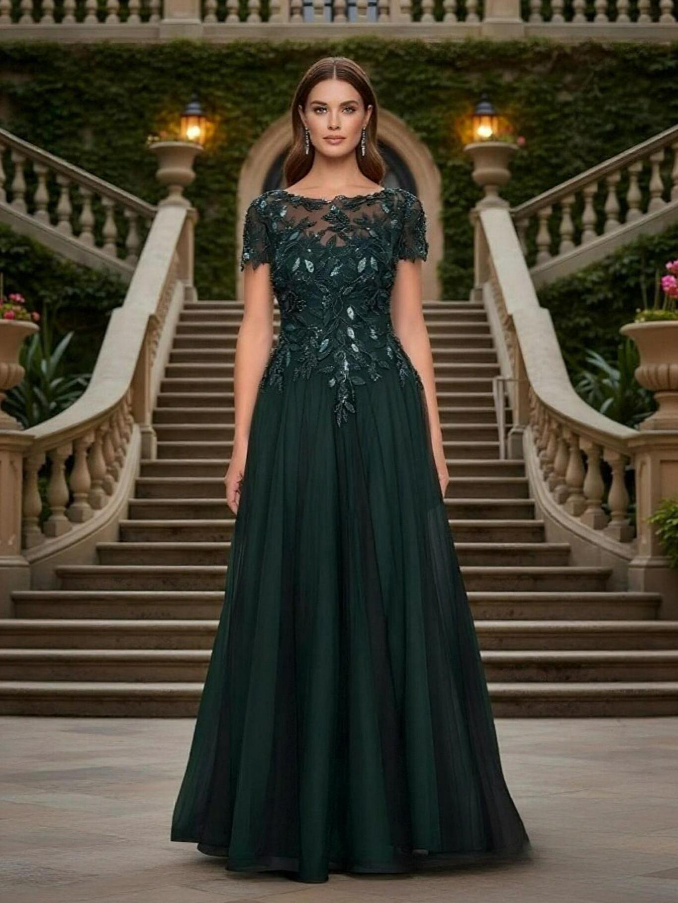 A Line Scoop Neck Tulle Applique Mother of the Bride Dresses