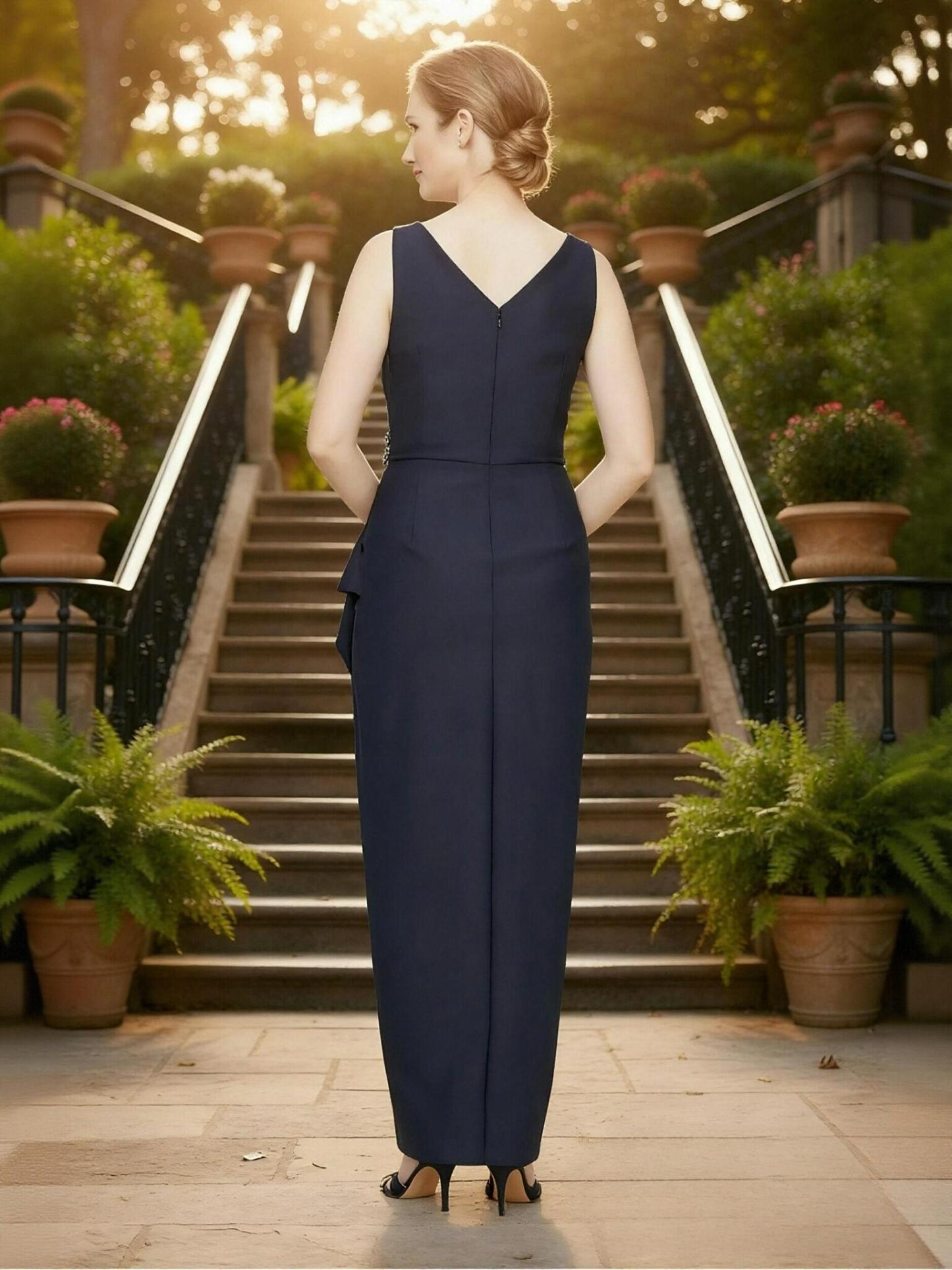 Bodycon V Neck Satin Beads Sleeveless Mother of the Bride Dresses