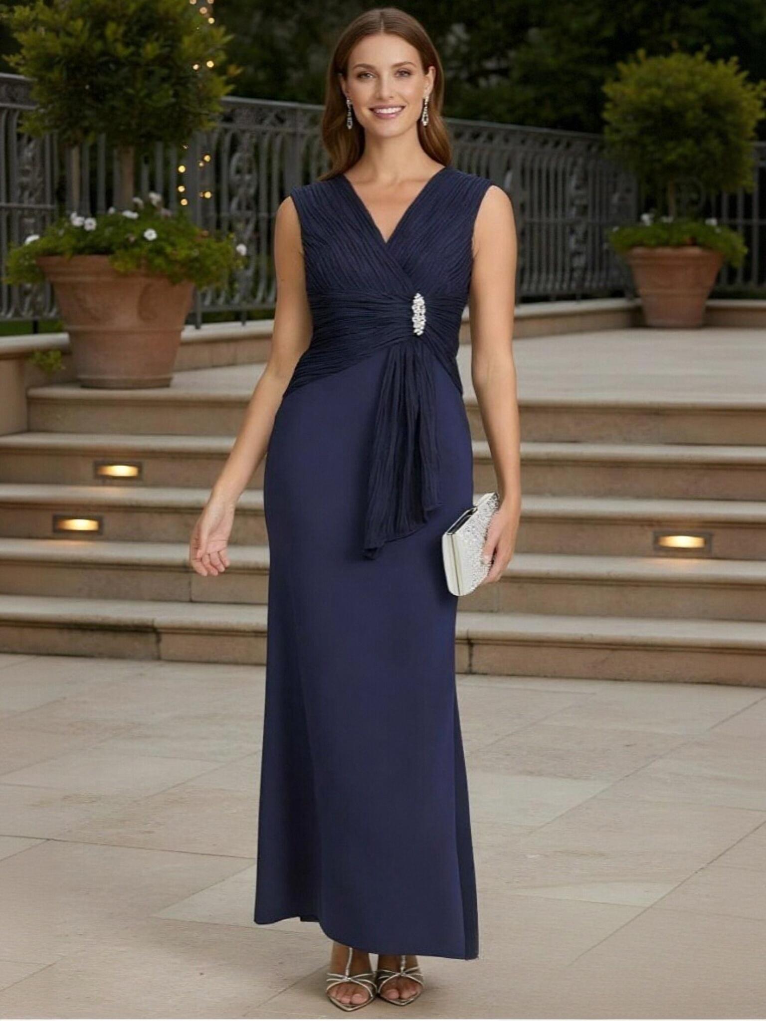 Mermaid V Neck Satin Beaded Mother of the Bride Dresses