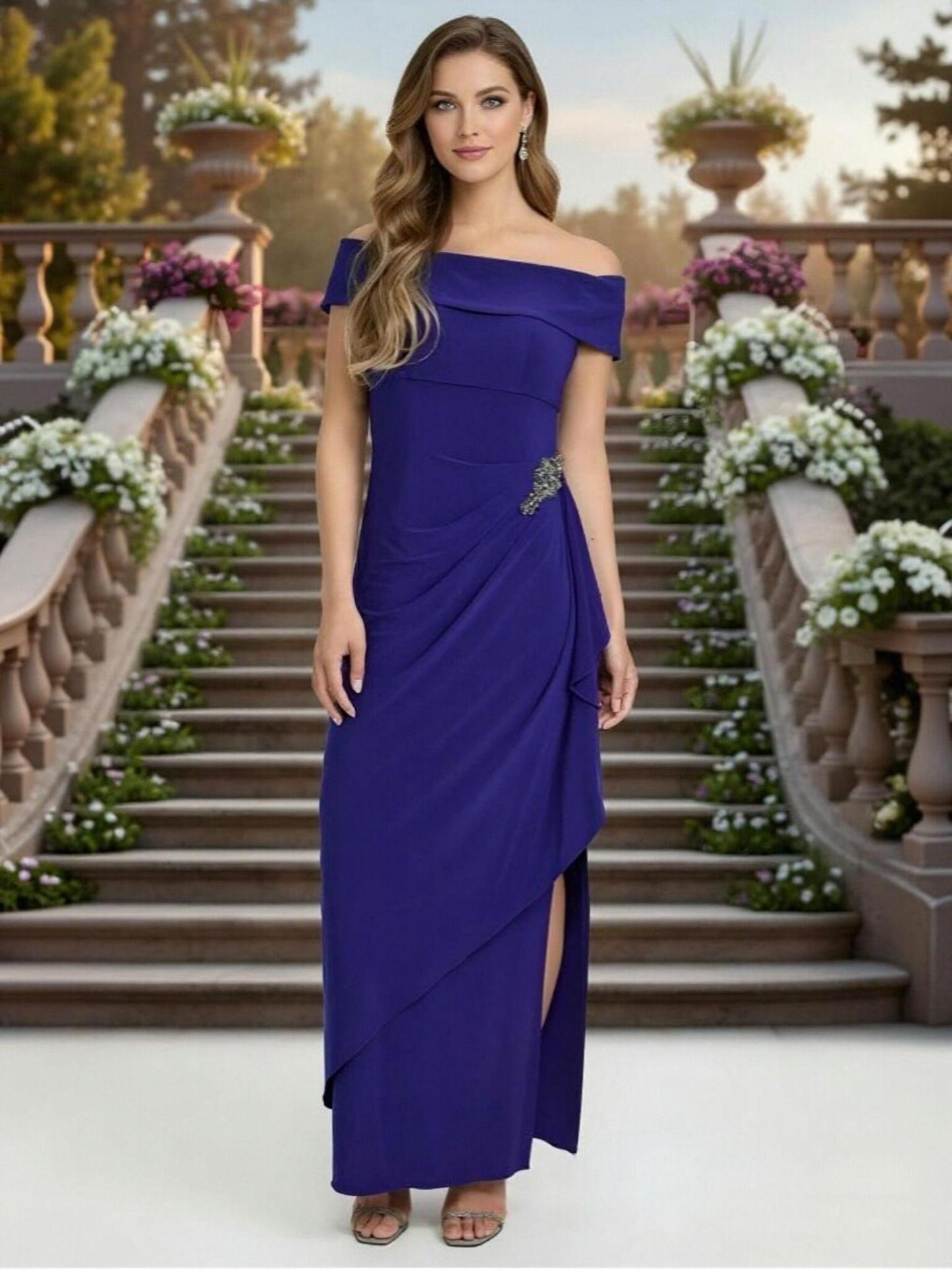 A Line Off Shoulder Satin Beaded Mother of the Bride Dresses