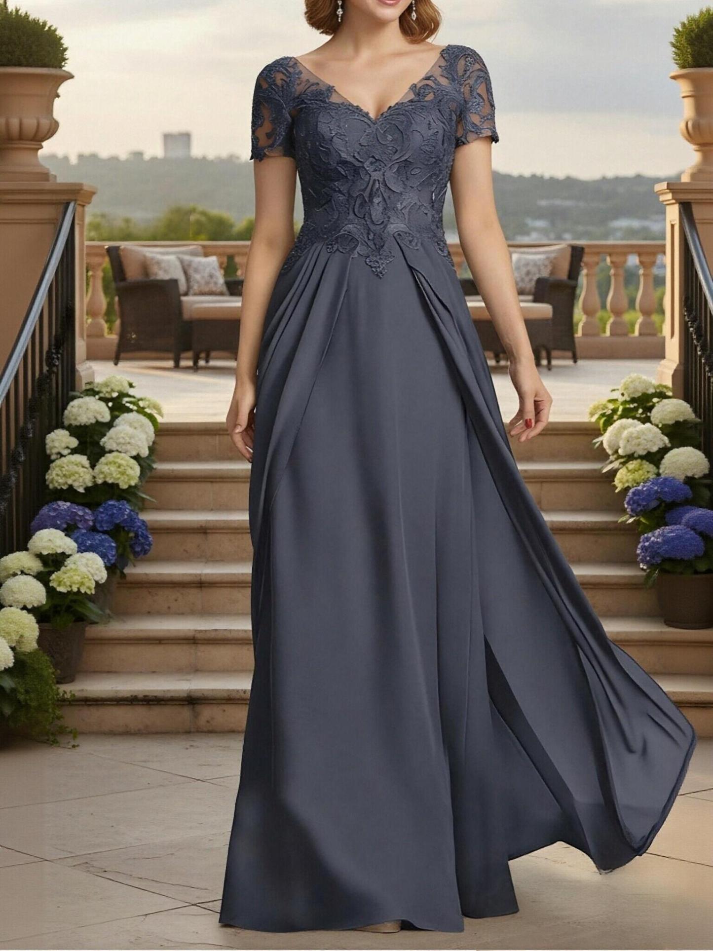 A Line V Neck Chiffon Applique Mother of the Bride Dresses