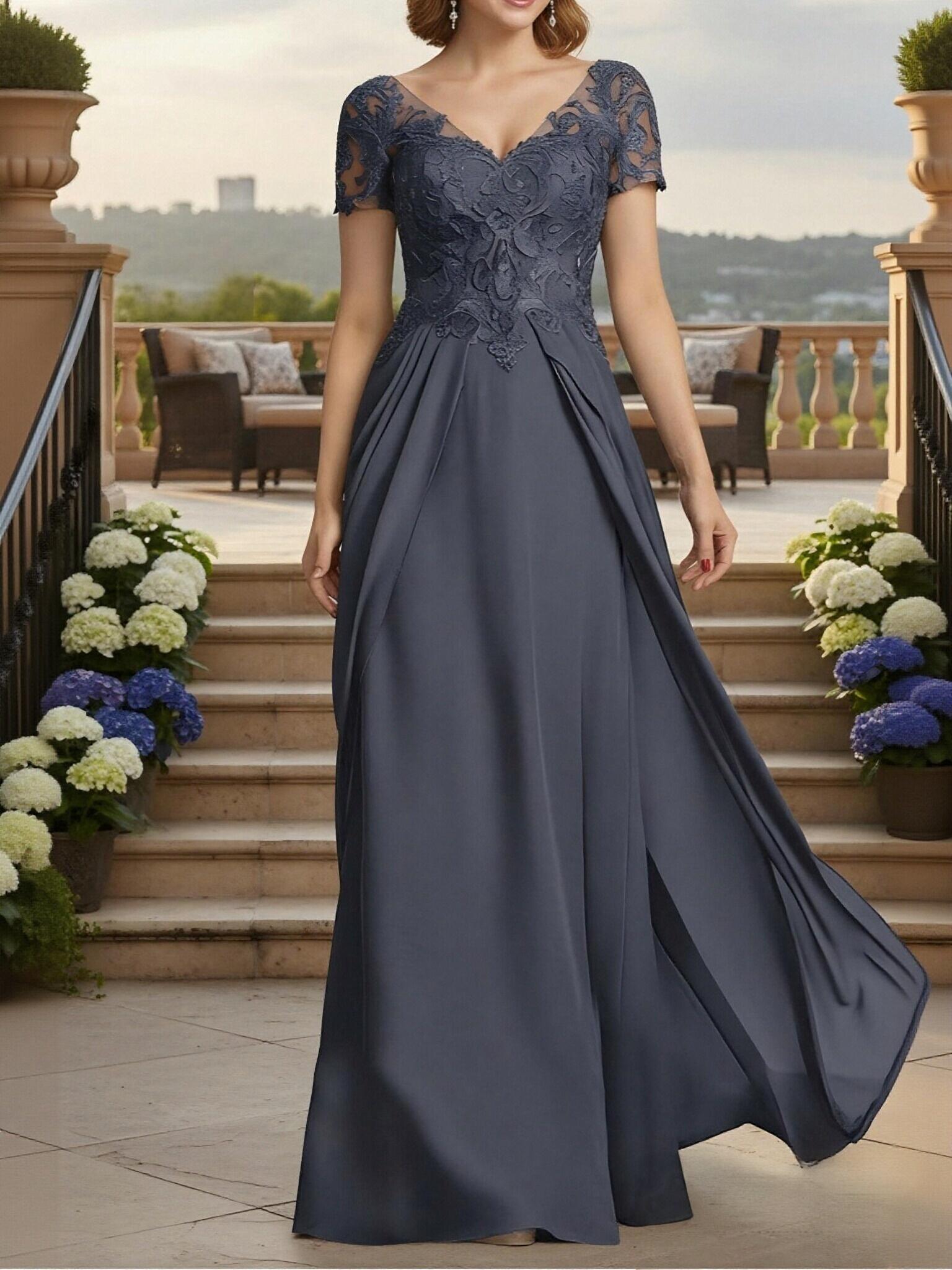 A Line V Neck Chiffon Applique Mother of the Bride Dresses