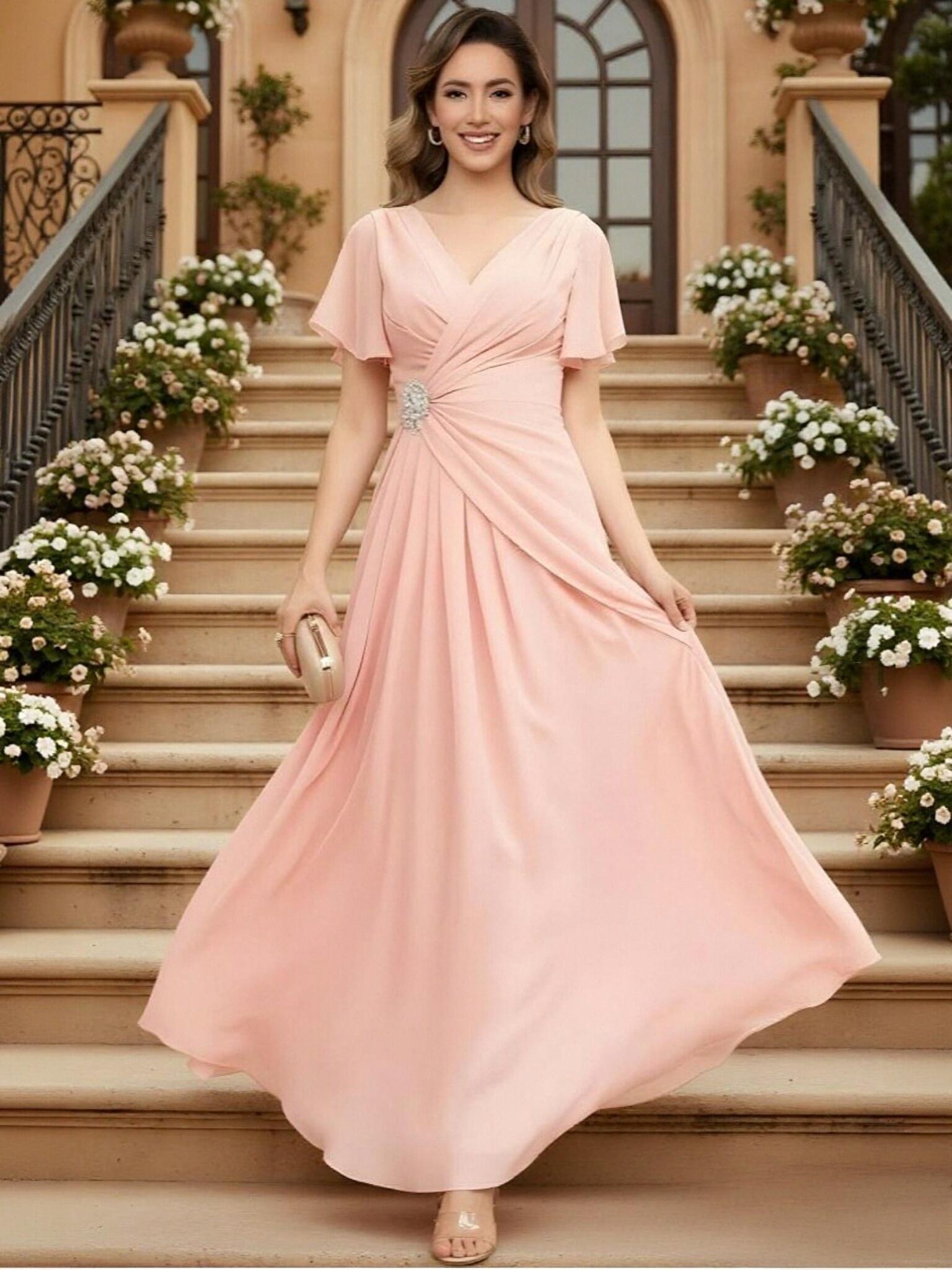 A Line Chiffon V Neck Ruched Mother of the Bride Dresses
