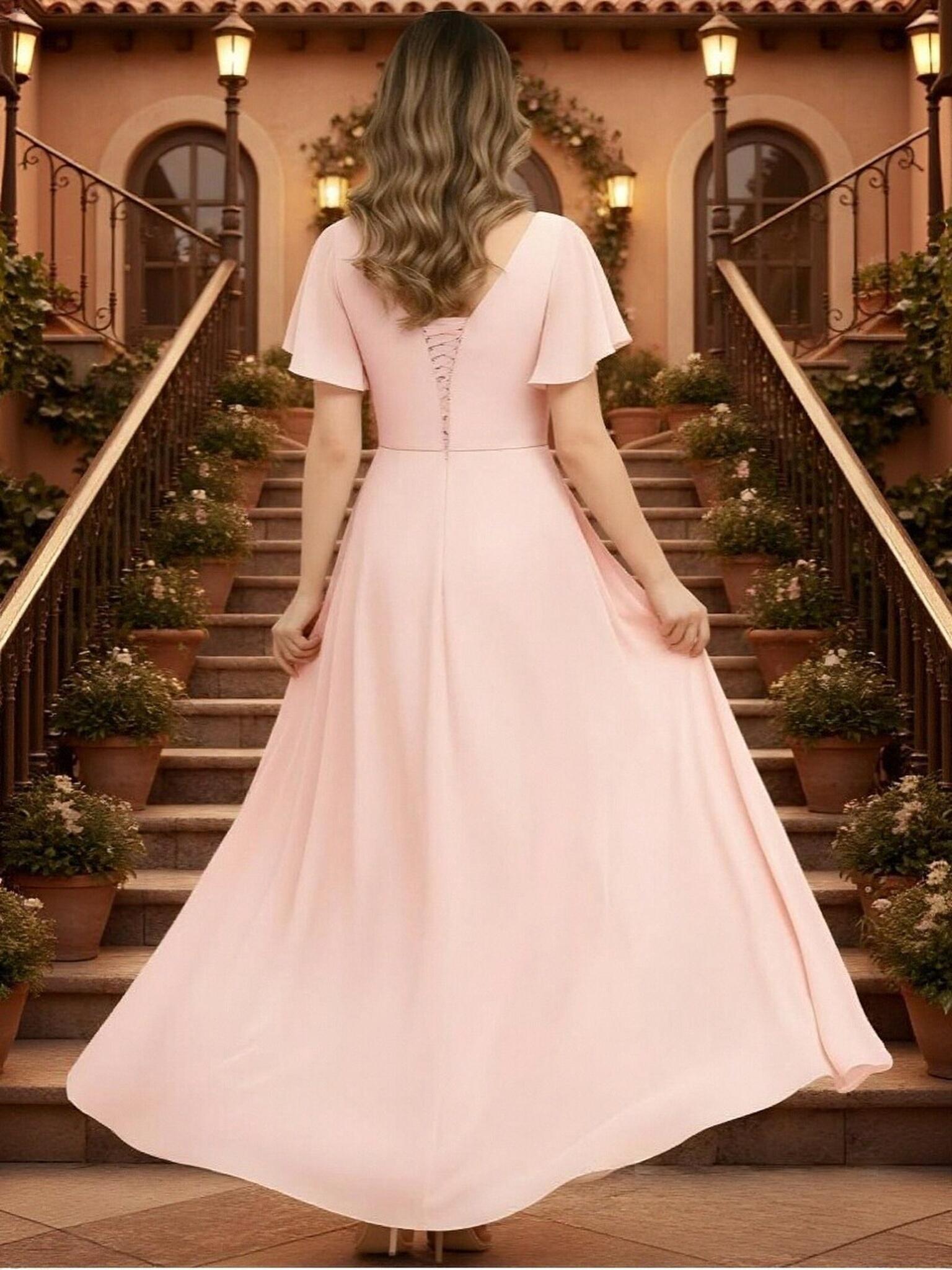 A Line Chiffon V Neck Ruched Mother of the Bride Dresses