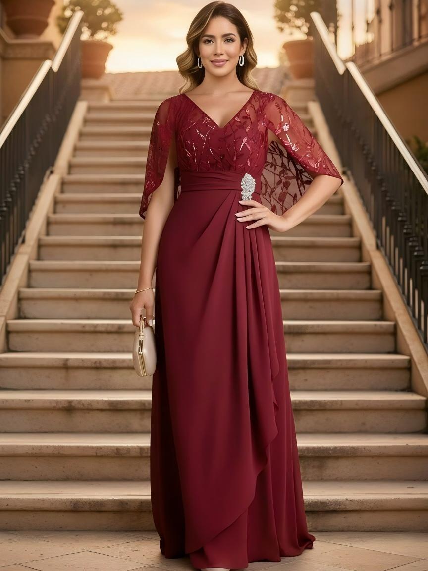 A Line Chiffon Half Sleeves V Neck Ruched Long Beaded Applique Mother of the Bride Dresses