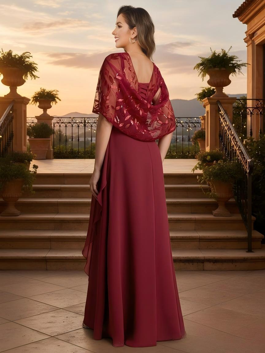 A Line Chiffon Half Sleeves V Neck Ruched Long Beaded Applique Mother of the Bride Dresses