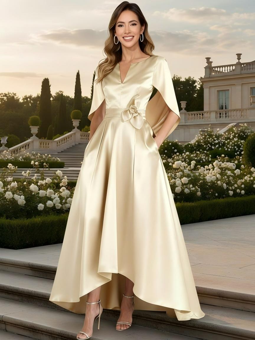 A Line Satin Half Sleeves V Neck Flower Long Mother of the Bride Dresses
