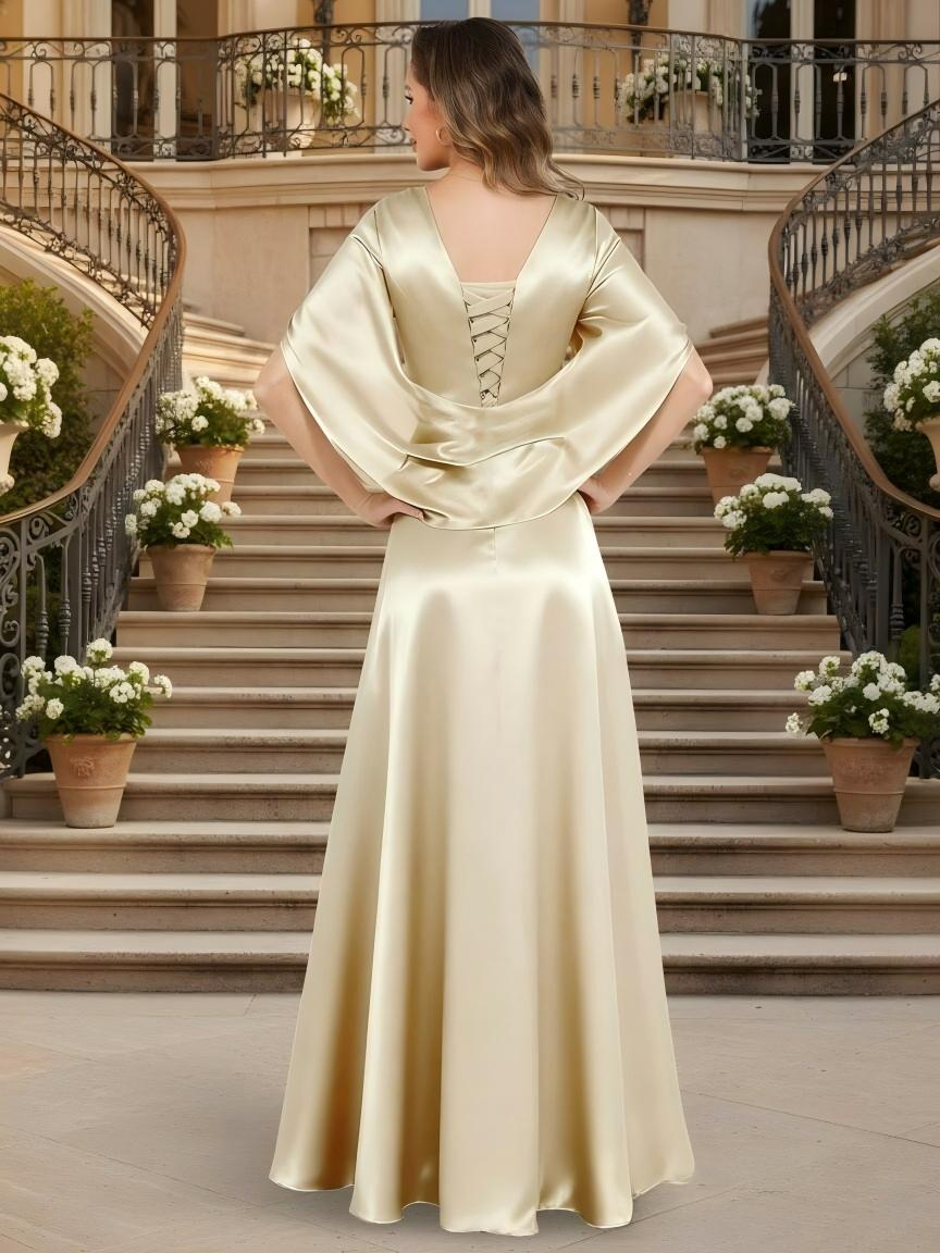 A Line Satin Half Sleeves V Neck Flower Long Mother of the Bride Dresses