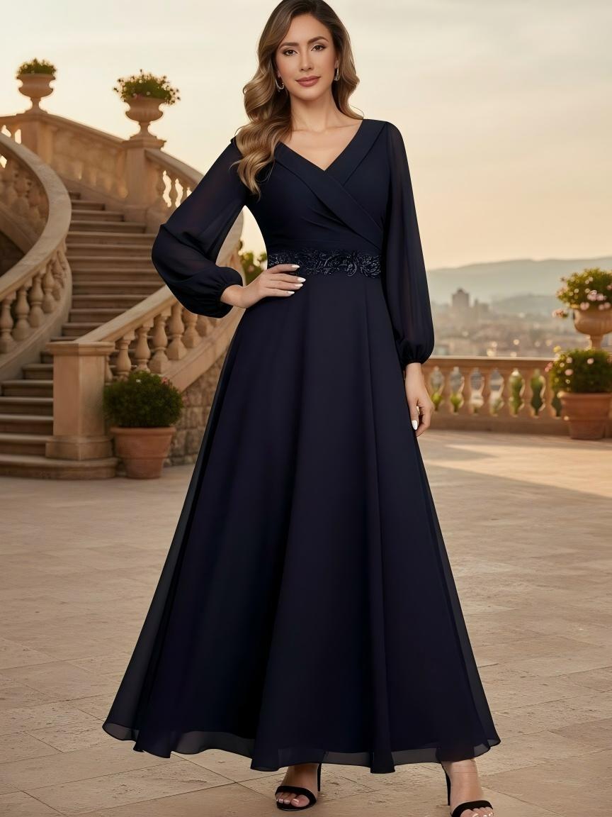 A Line Chiffon Long Sleeves V Neck Applique Floor Length Mother of the Bride Dresses