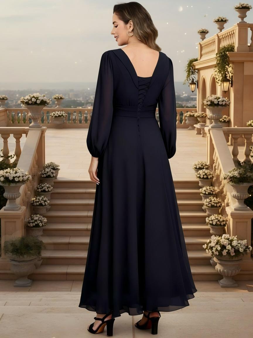 A Line Chiffon Long Sleeves V Neck Applique Floor Length Mother of the Bride Dresses
