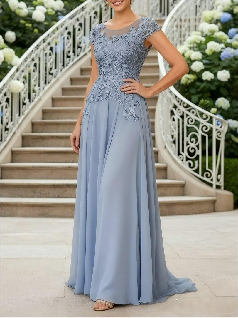 A Line Chiffon Short Sleeves Scoop Neck Applique Lace Floor Length Mother of the Bride Dresses