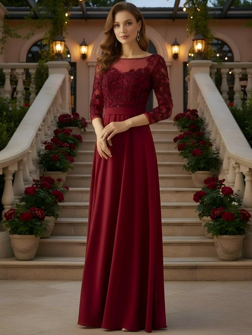 A Line Chiffon 3/4 Sleeves Scoop Neck Applique Lace Floor Length Mother of the Bride Dresses