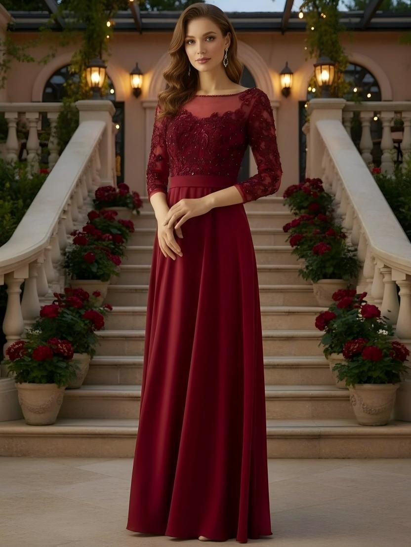 A Line Chiffon 3/4 Sleeves Scoop Neck Applique Lace Floor Length Mother of the Bride Dresses