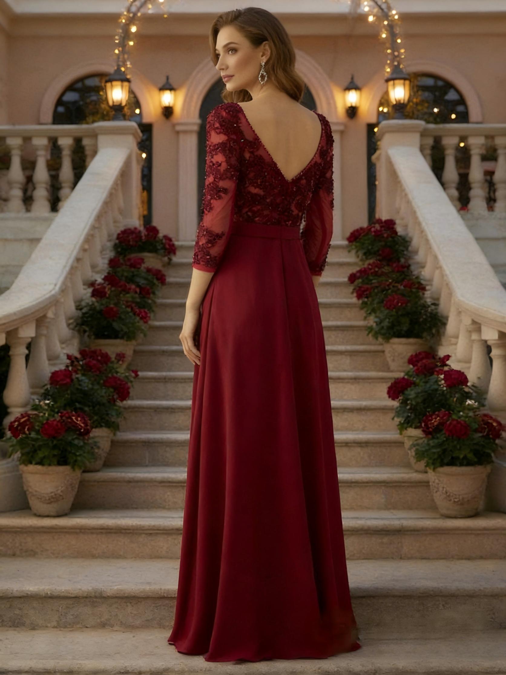 A Line Chiffon 3/4 Sleeves Scoop Neck Applique Lace Floor Length Mother of the Bride Dresses