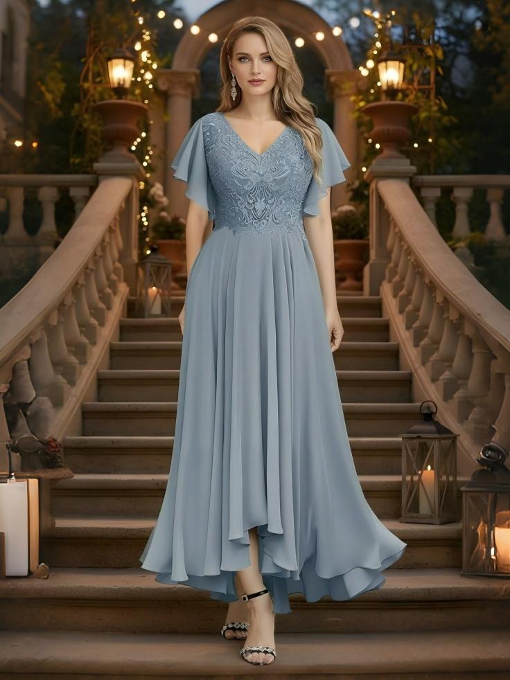 A Line Chiffon Short Sleeves V Neck Applique Ankle Length Mother of the Bride Dresses