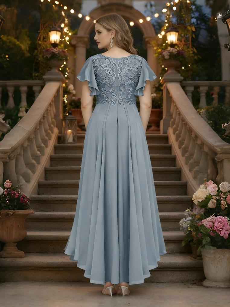 A Line Chiffon Short Sleeves V Neck Applique Ankle Length Mother of the Bride Dresses