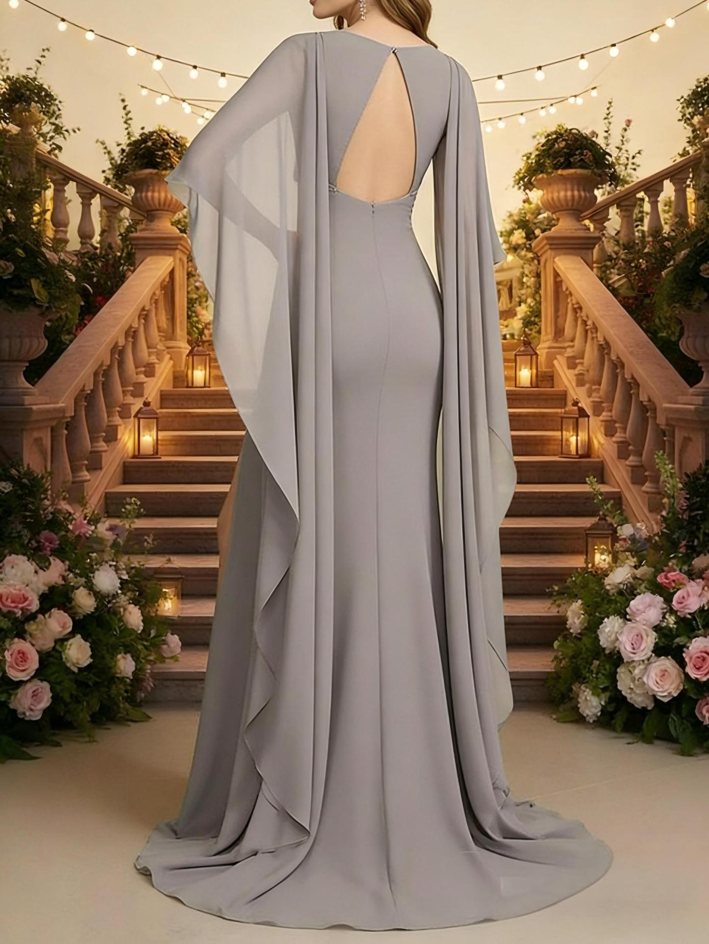 Mermaid Chiffon Half Sleeves Scoop Neck Two Pieces Long Mother of the Bride Dresses