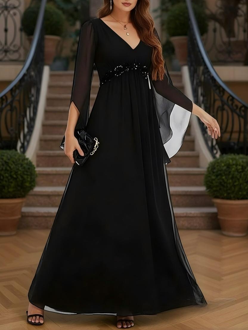 A Line Chiffon Long Sleeves V Neck Applique Floor Length Mother of the Bride Dresses