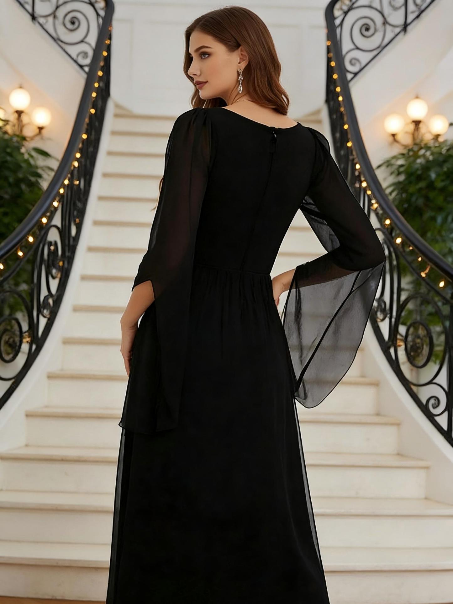 A Line Chiffon Long Sleeves V Neck Applique Floor Length Mother of the Bride Dresses