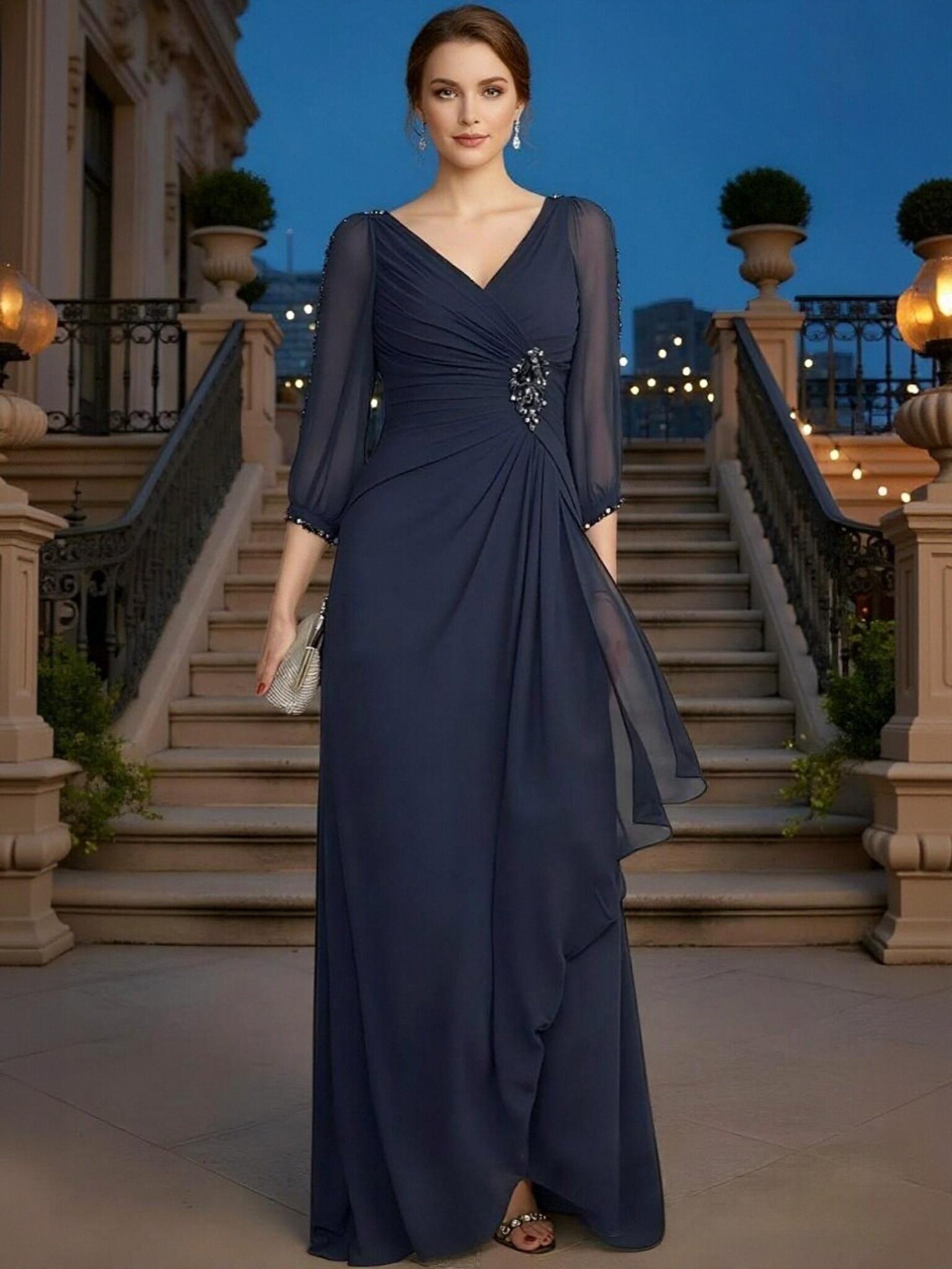 A Line Chiffon 3/4 Sleeves V Neck Mother of the Bride Dresses