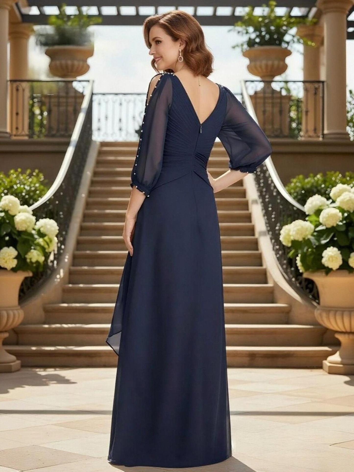 A Line Chiffon 3/4 Sleeves V Neck Mother of the Bride Dresses