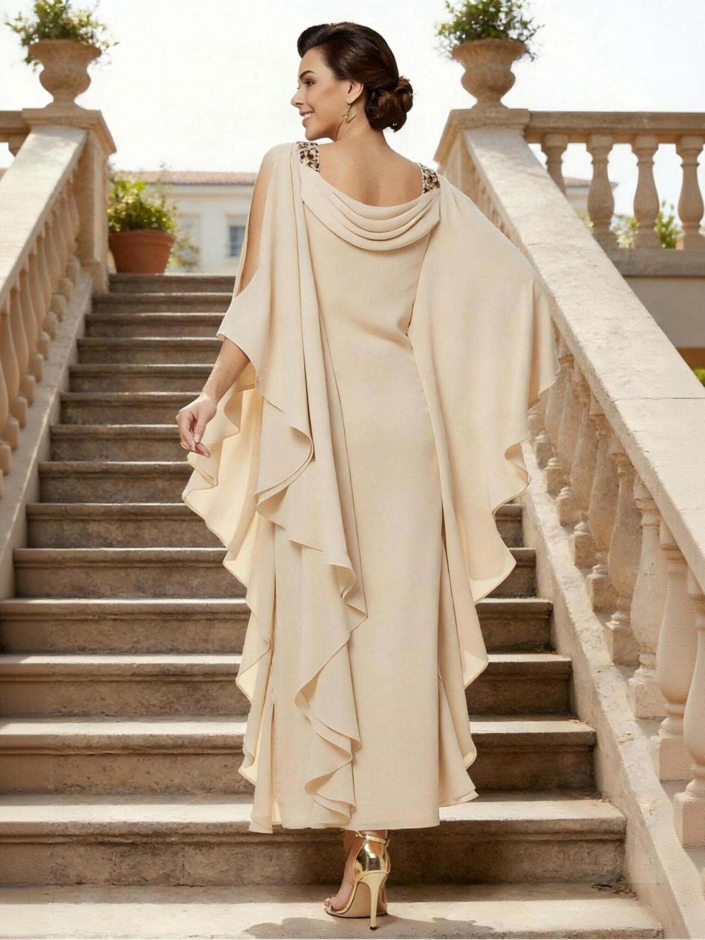 A Line Chiffon 3/4 Sleeves Cowl Neck Mother of the Bride Dresses