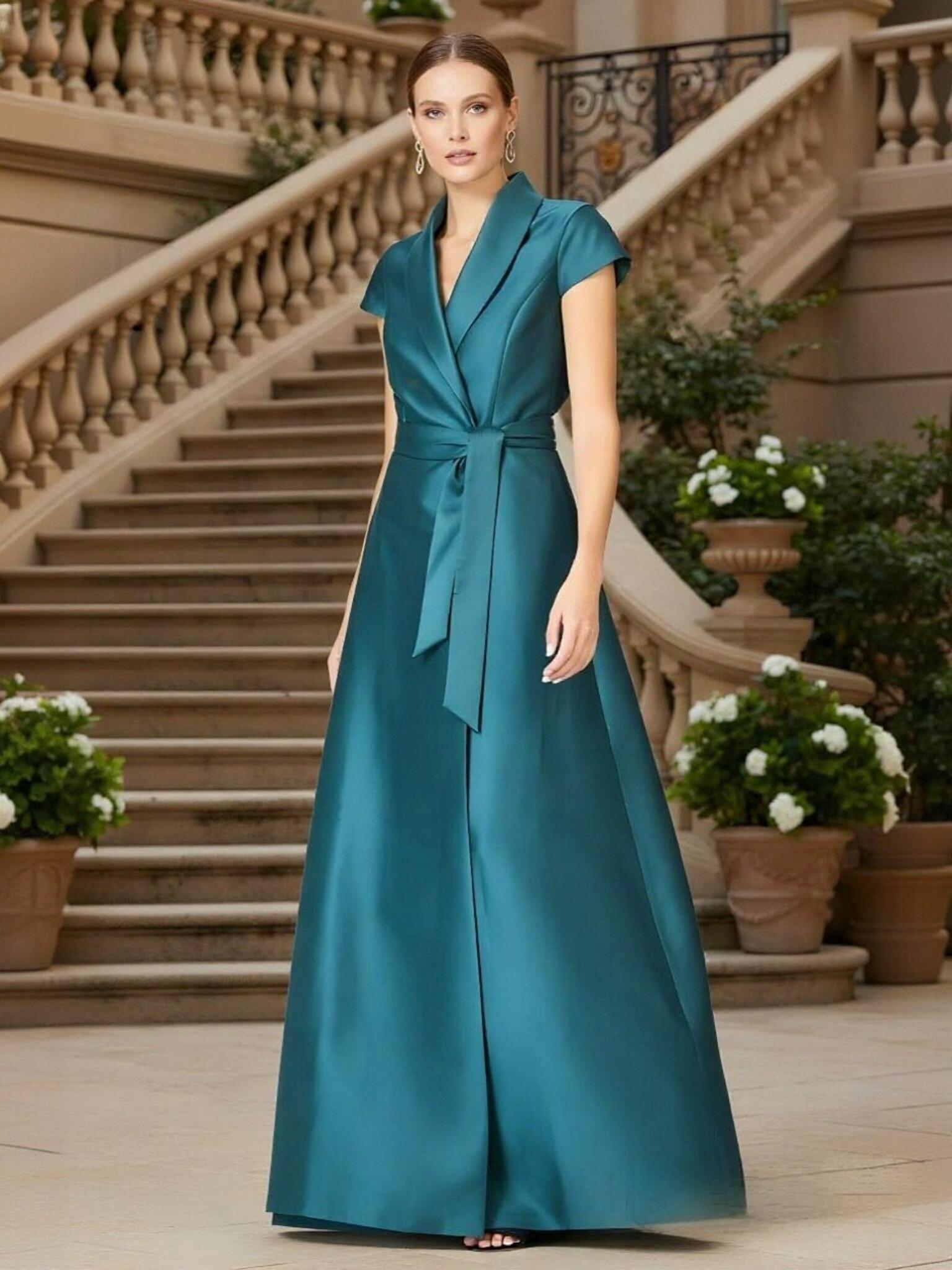 A Line Satin Short Sleeves V Neck Mother of the Bride Dresses