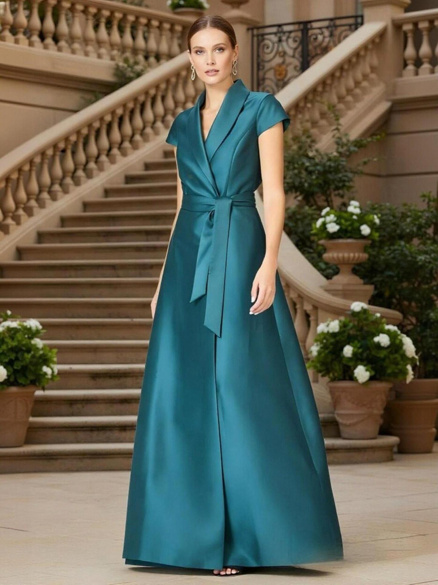 A Line Satin Short Sleeves V Neck Mother of the Bride Dresses