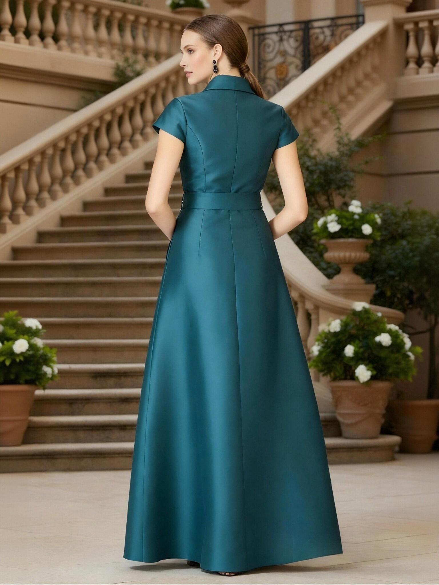 A Line Satin Short Sleeves V Neck Mother of the Bride Dresses