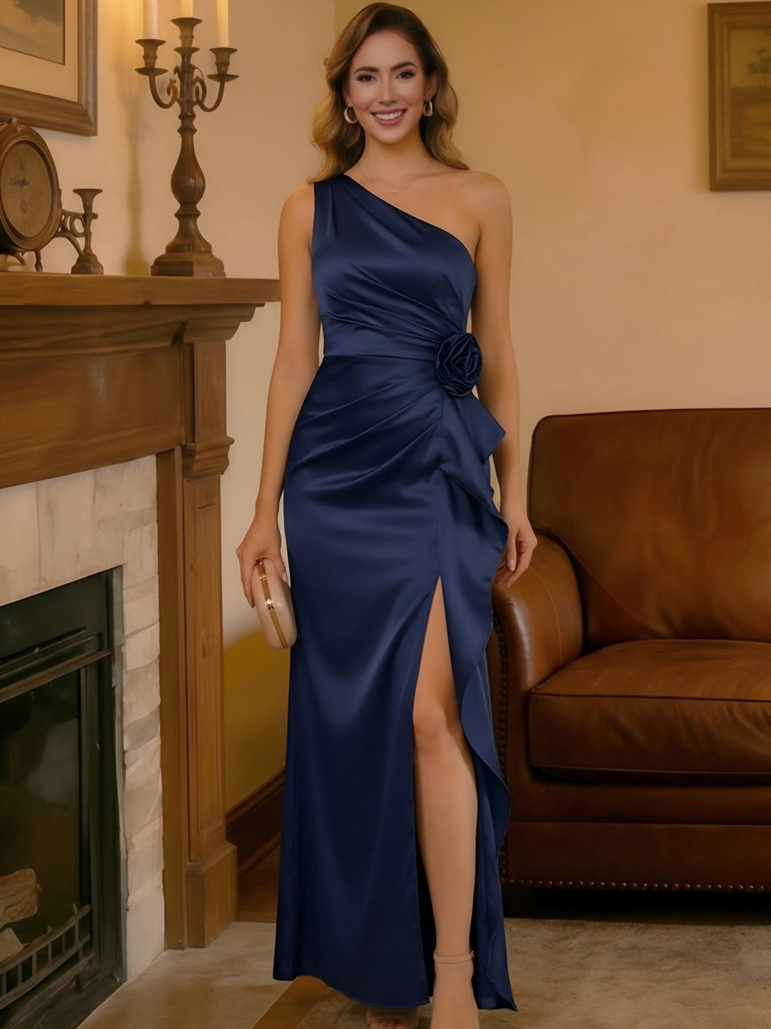 Mermaid Satin Sleeveless One Shoulder Floor Length Flower Mother of the Bride Dresses