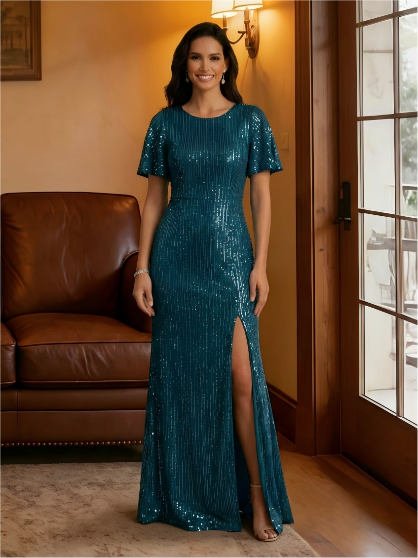 Mermaid Glitter Tulle Short Sleeves Scoop Neck Floor Length Flower Mother of the Bride Dresses