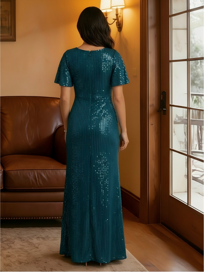 Mermaid Glitter Tulle Short Sleeves Scoop Neck Floor Length Flower Mother of the Bride Dresses