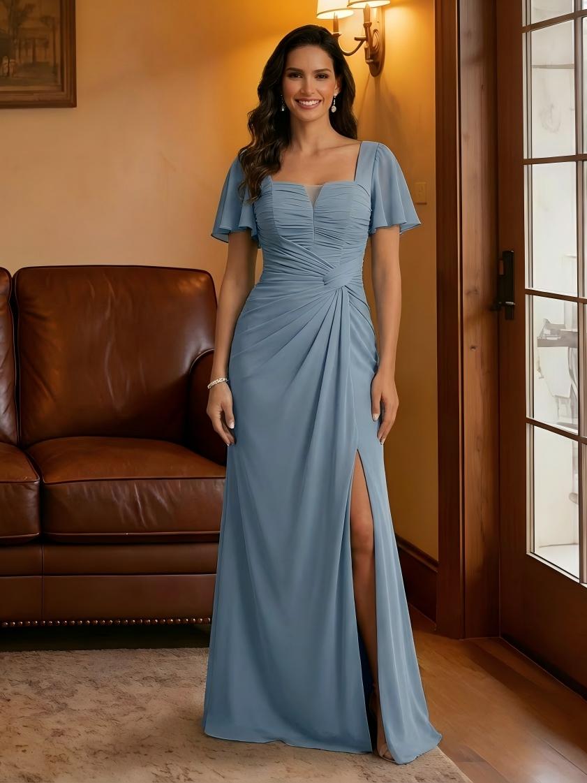 Mermaid Chiffon Short Sleeves Square Neck Floor Length Pleats Mother of the Bride Dresses