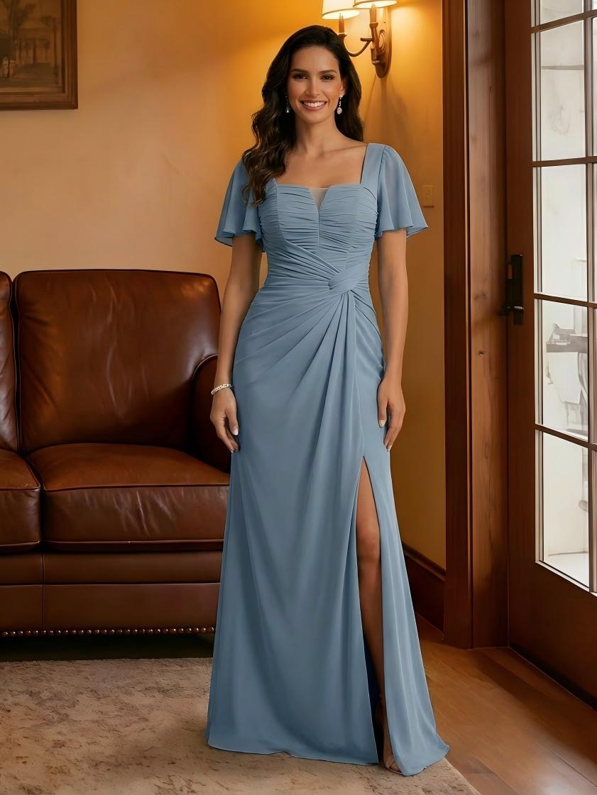 Mermaid Chiffon Short Sleeves Square Neck Floor Length Pleats Mother of the Bride Dresses