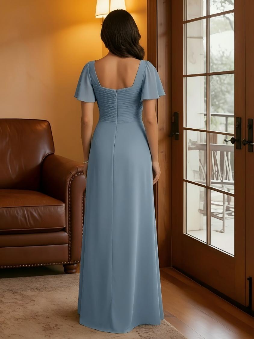 Mermaid Chiffon Short Sleeves Square Neck Floor Length Pleats Mother of the Bride Dresses