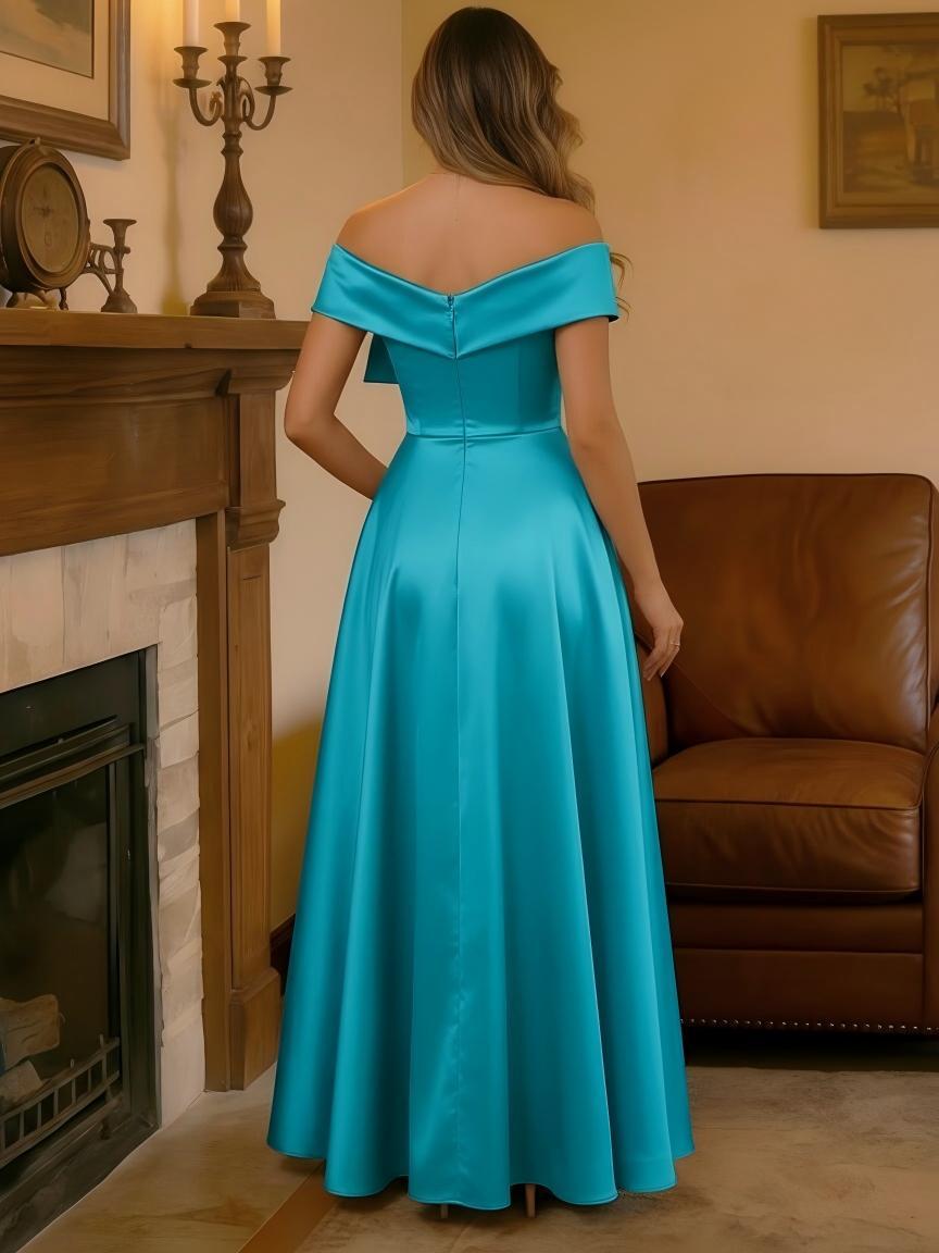 A Line Satin Sleeveless Off Shoulder Floor Length Bow Mother of the Bride Dresses