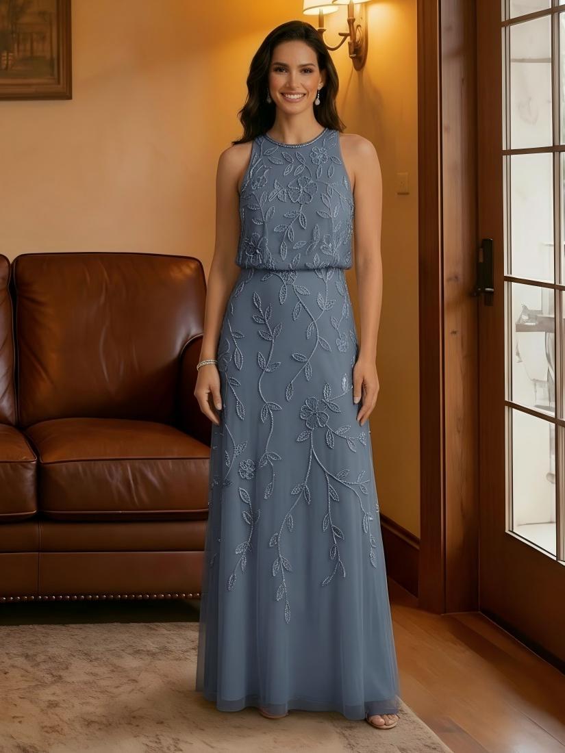 A Line Chiffon Sleeveless Scoop Neck Floor Length Applique Mother of the Bride Dresses