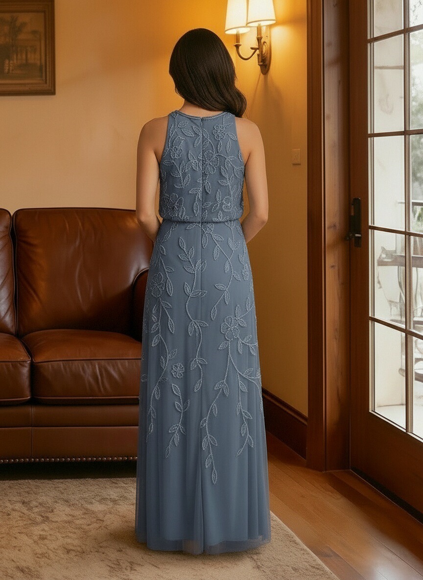 A Line Chiffon Sleeveless Scoop Neck Floor Length Applique Mother of the Bride Dresses