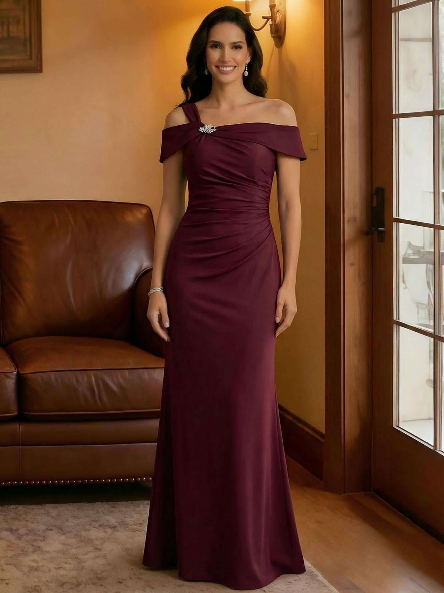 Mermaid Satin Sleeveless Off Shoulder Floor Length Beaded Mother of the Bride Dresses