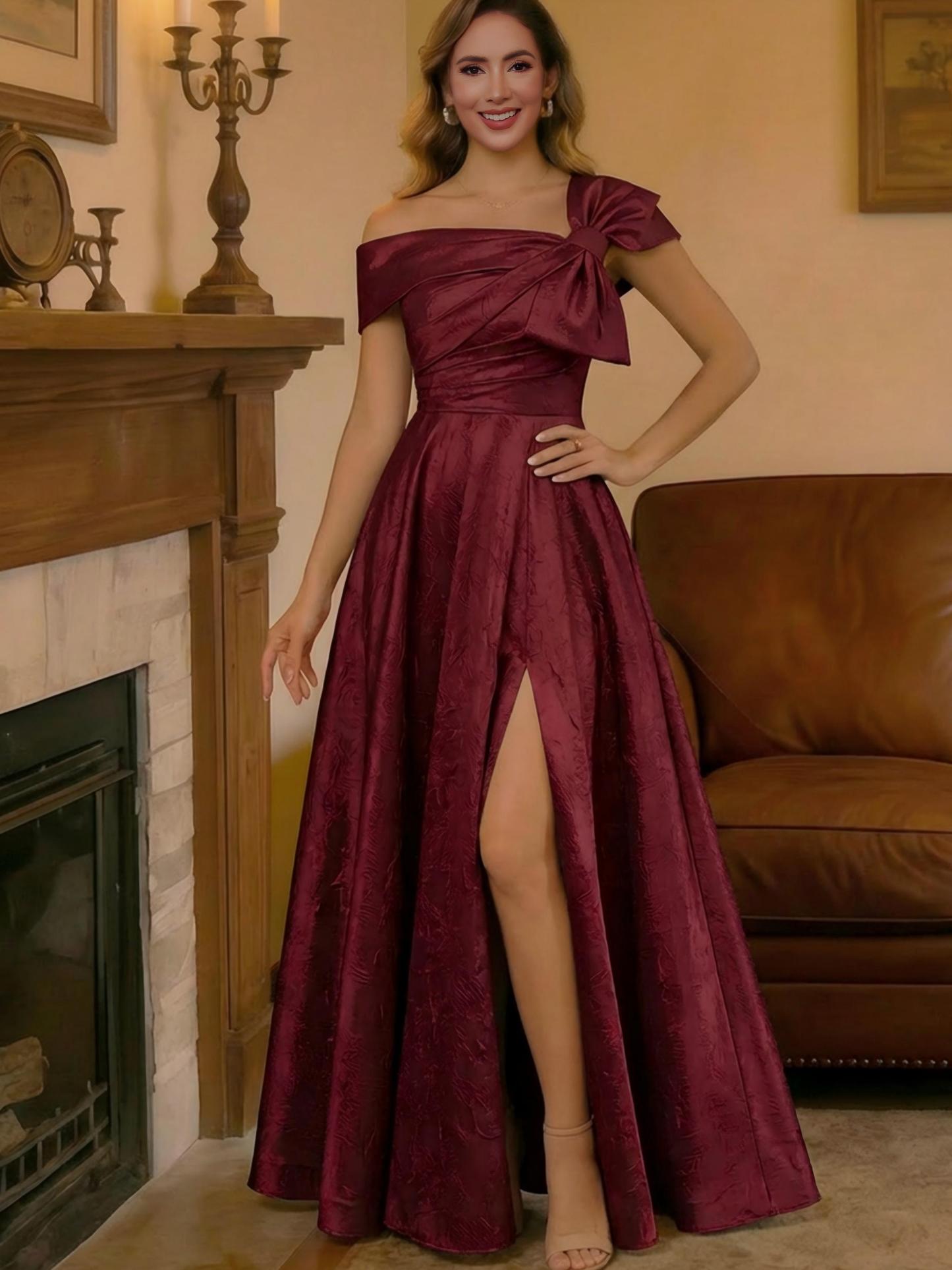 A Line Jacquard Sleeveless Off Shoulder Floor Length Bow Mother of the Bride Dresses