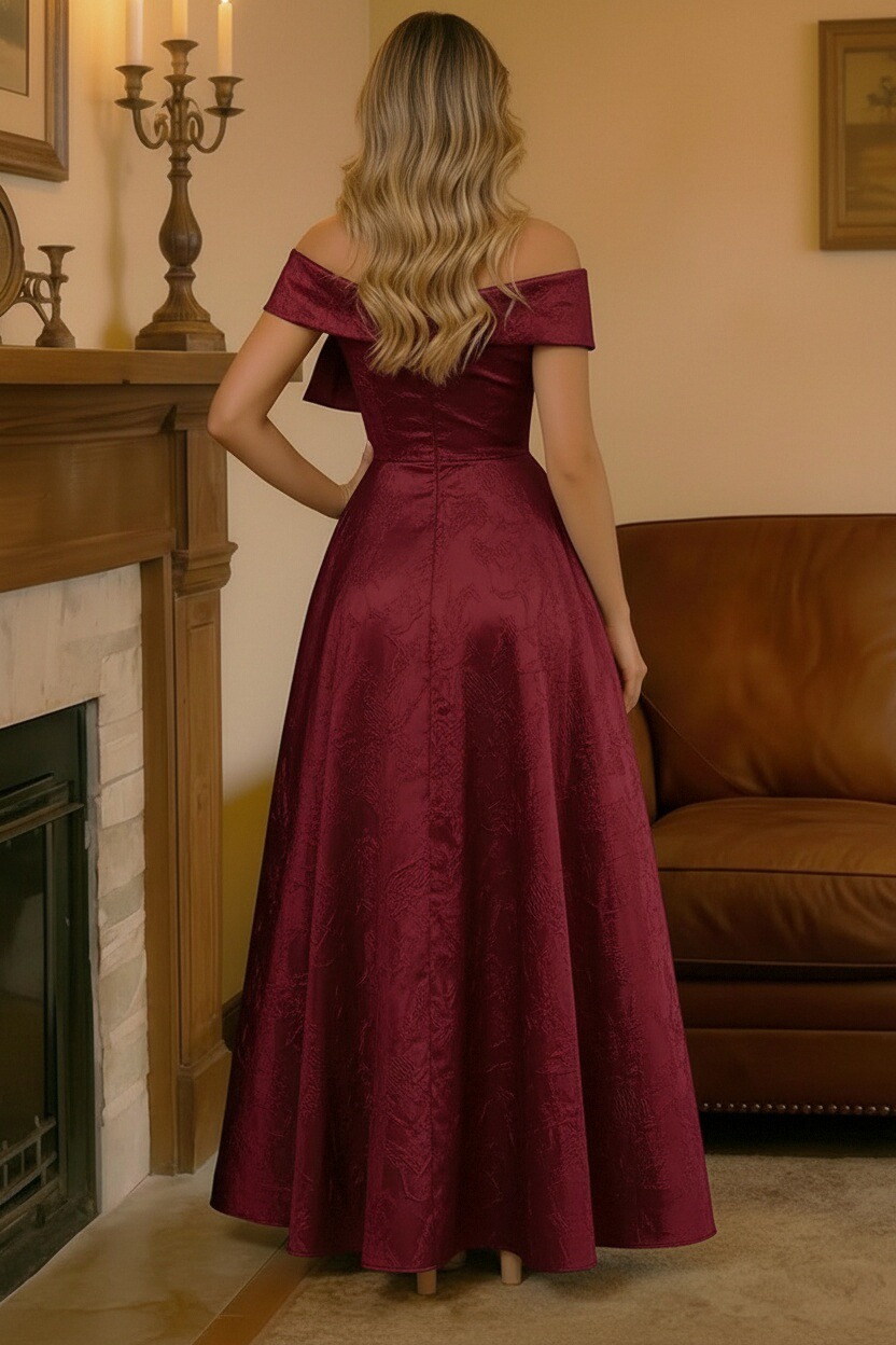 A Line Jacquard Sleeveless Off Shoulder Floor Length Bow Mother of the Bride Dresses