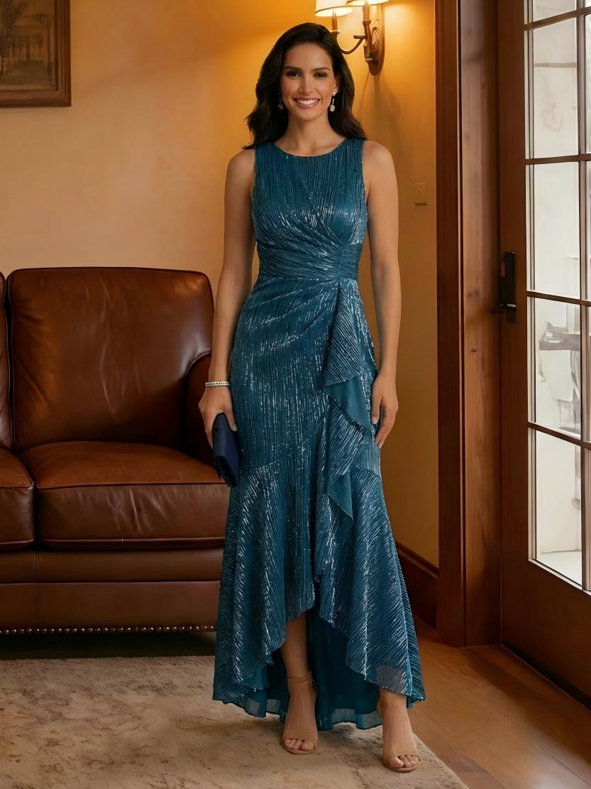 Mermaid Glitter Tulle Sleeveless Scoop Neck Floor Length Ruffles Mother of the Bride Dresses