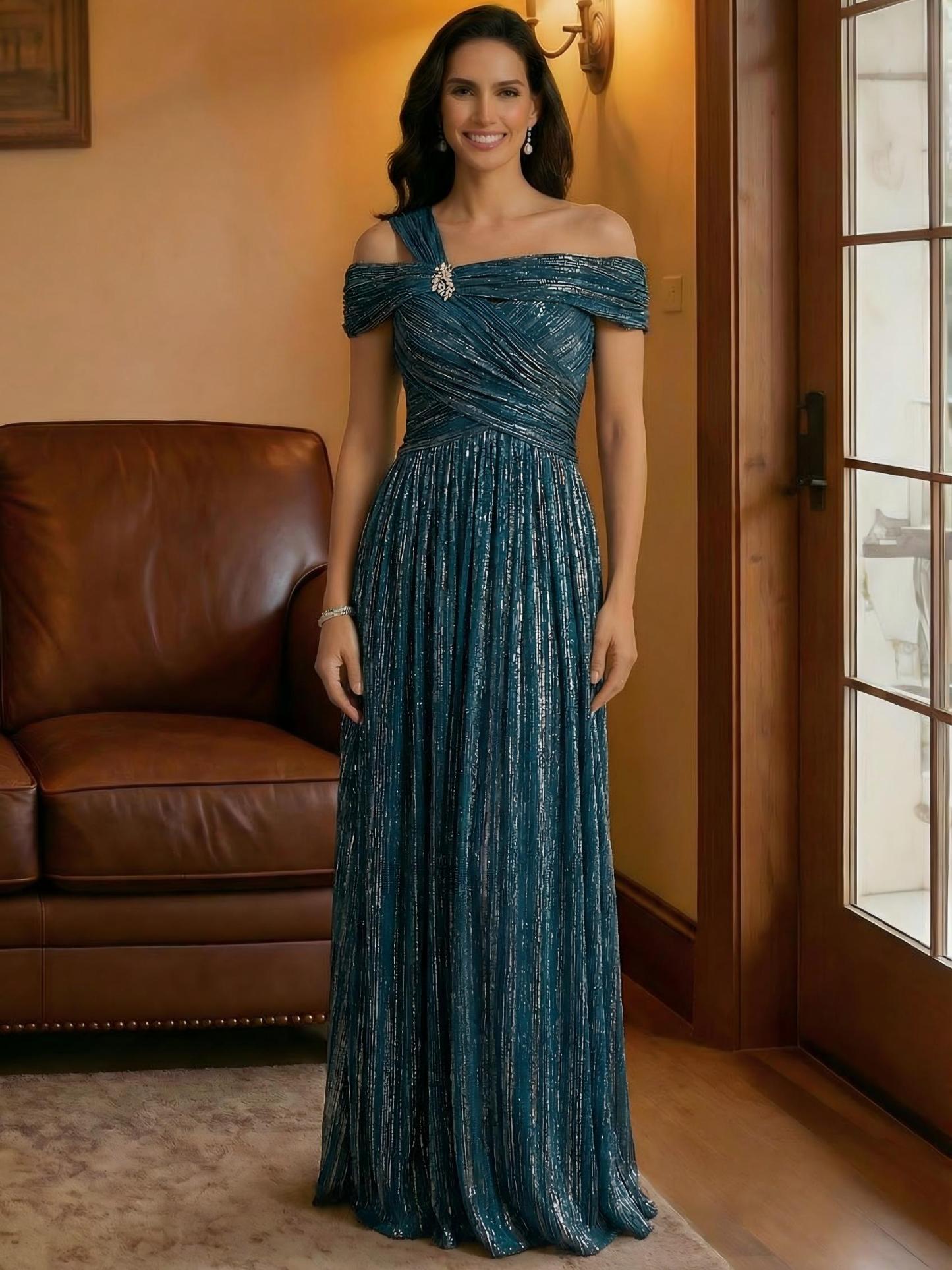 Mermaid Glitter Tulle Sleeveless Off Shoulder Floor Length Beaded Mother of the Bride Dresses