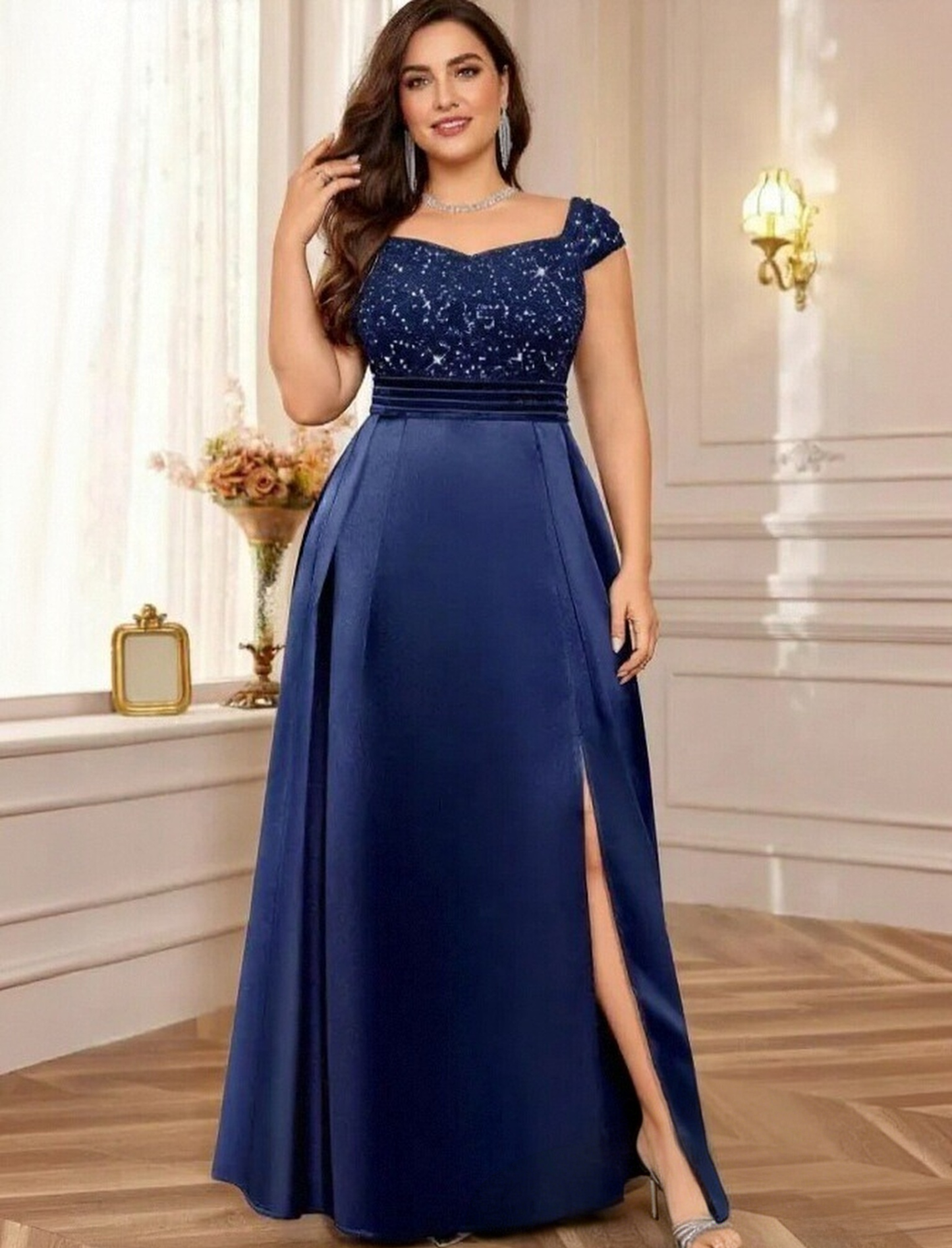 Sweetheart Satin Sequin Mother of the Bride Dresses with Slit