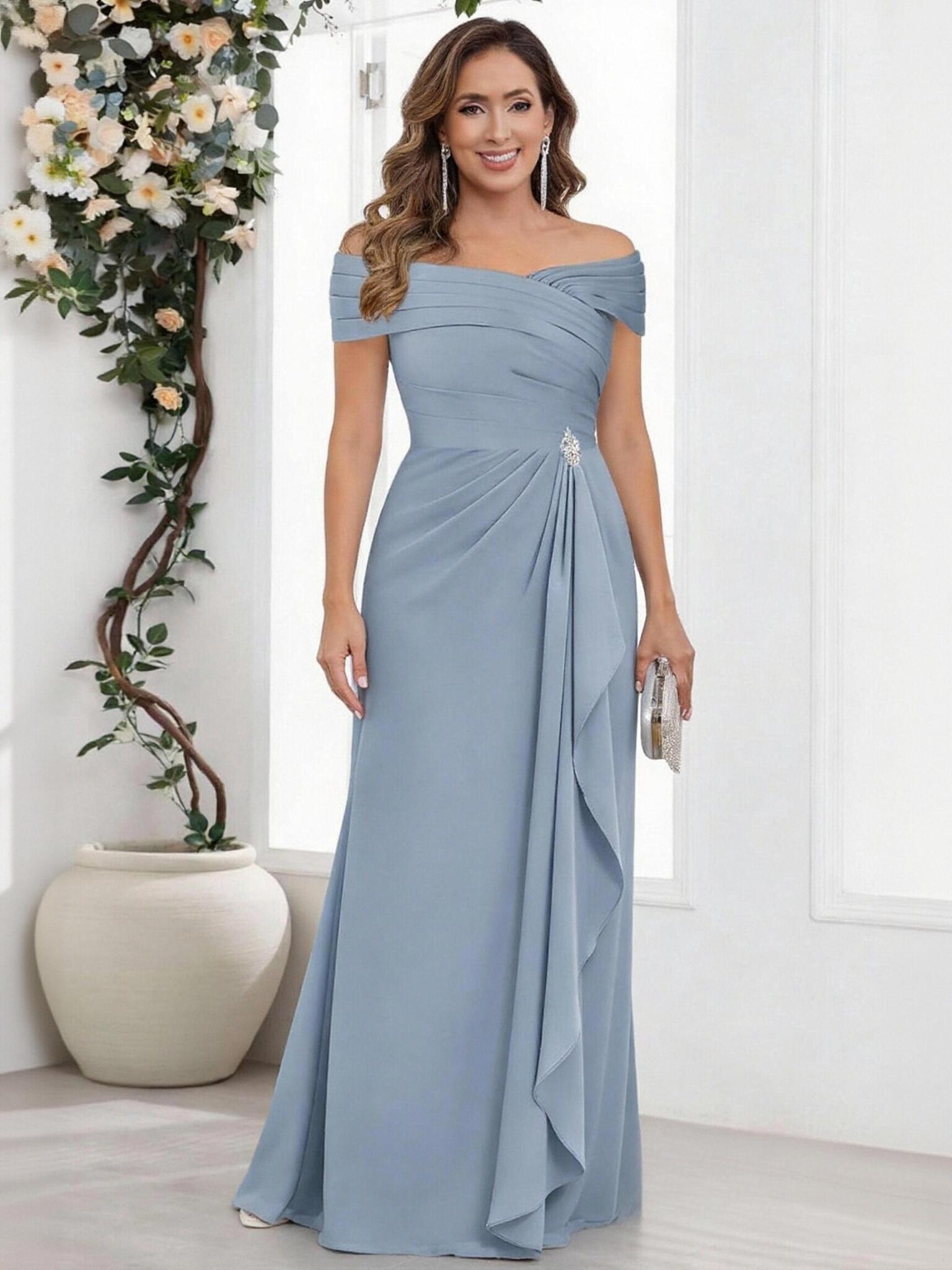 Off Shoulder Chiffon Beaded Mother of the Bride Dresses