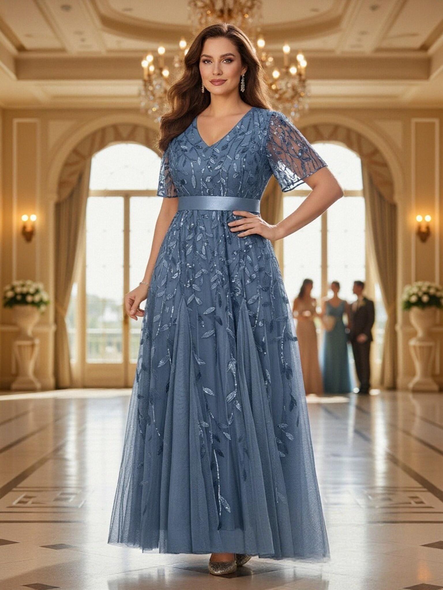 V Neck Tulle Short Sleeves Mother of the Bride Dresses