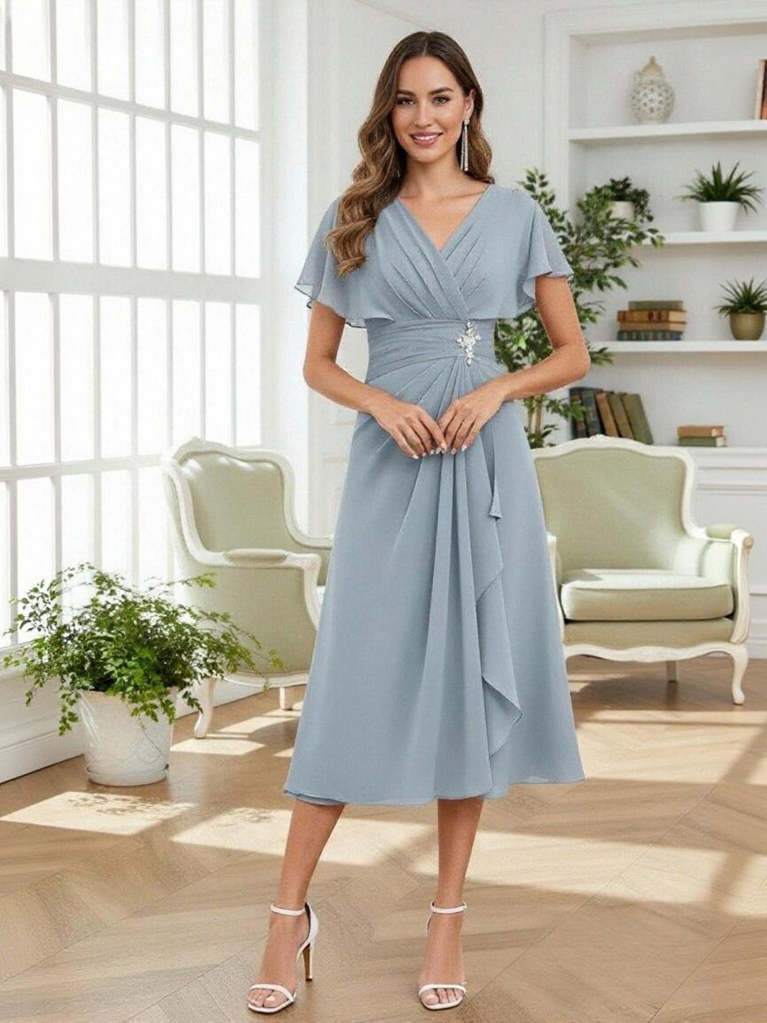 A Line Short Sleeves Chiffon Mother of the Bride Dresses